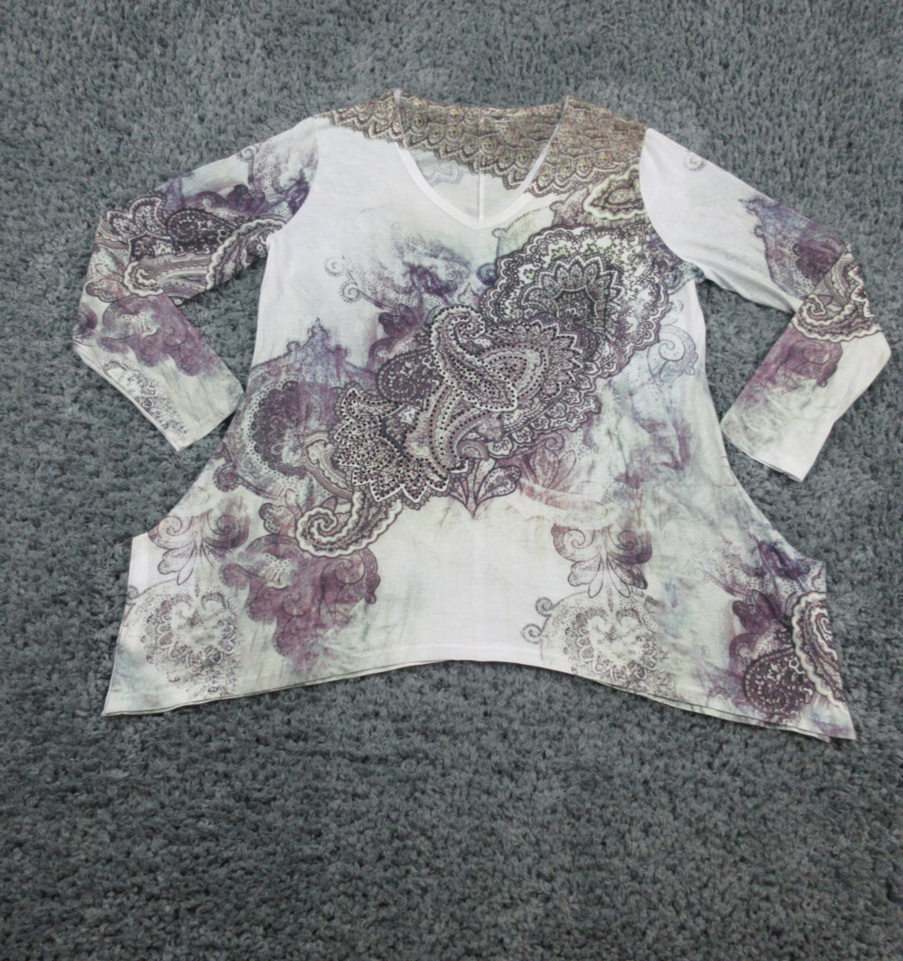 Essentials Shirt Womens XL White Purple Green Long Sleeve Asymmetric Pullover